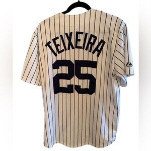 Teixeira Yankee Majestic White w Navy stripe Baseball Jersey Sz Med